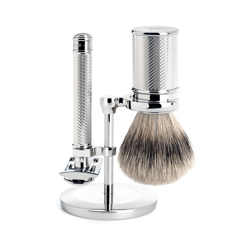 Mühle Barbersæt M. DE-skraber, Silvertip Badger + Holder (Sølv)