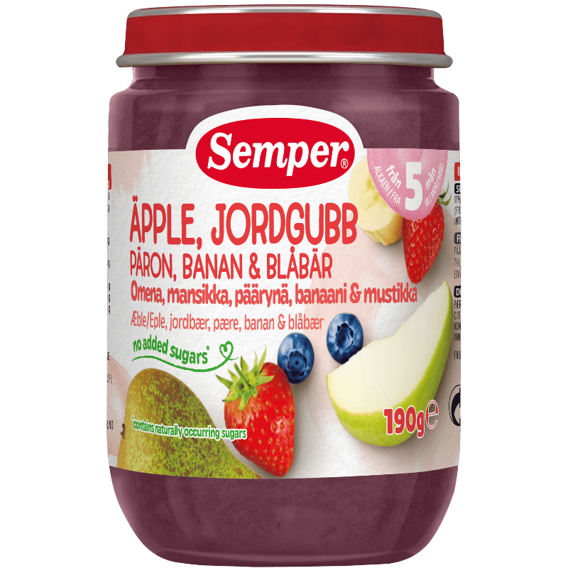 Semper Frugtpué Jordbær, Æble, Pære, Banan & Blåbær 12M (190 g)