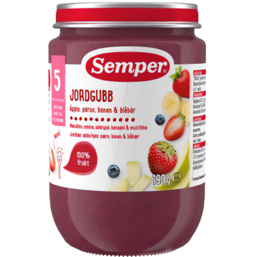 Semper Frugtpué Jordbær, Æble, Pære, Banan & Blåbær 12M (190 g)