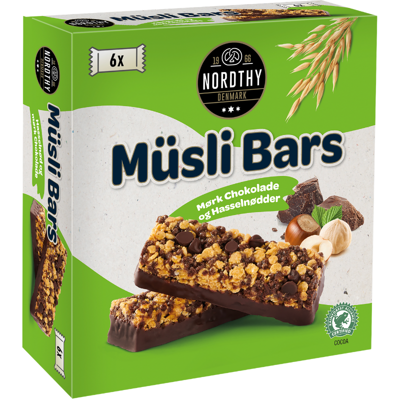 Nordthy Müsli Bars Hasselnød & Mørk Chokolade (6 stk)