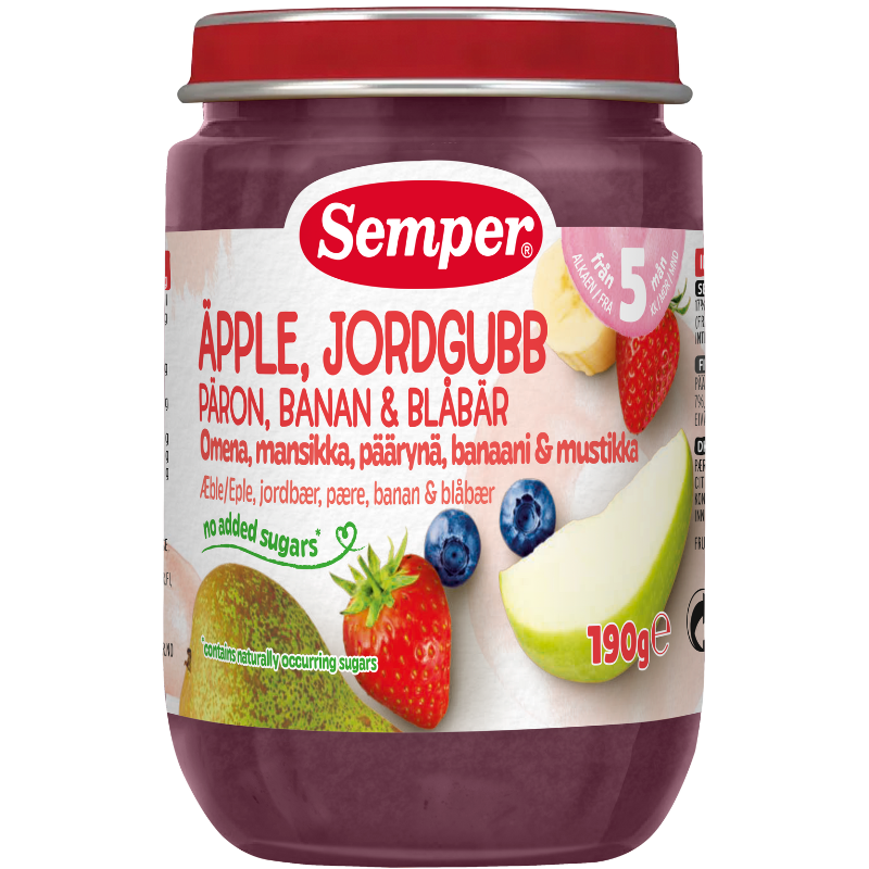 Semper Frugtpué Jordbær, Æble, Pære, Banan & Blåbær 12M (190 g)